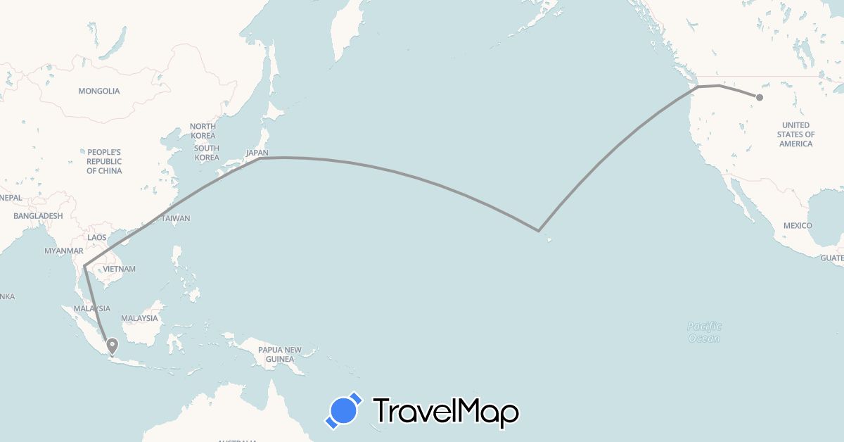 TravelMap itinerary: driving, plane in China, Indonesia, Japan, Singapore, Thailand, United States (Asia, North America)