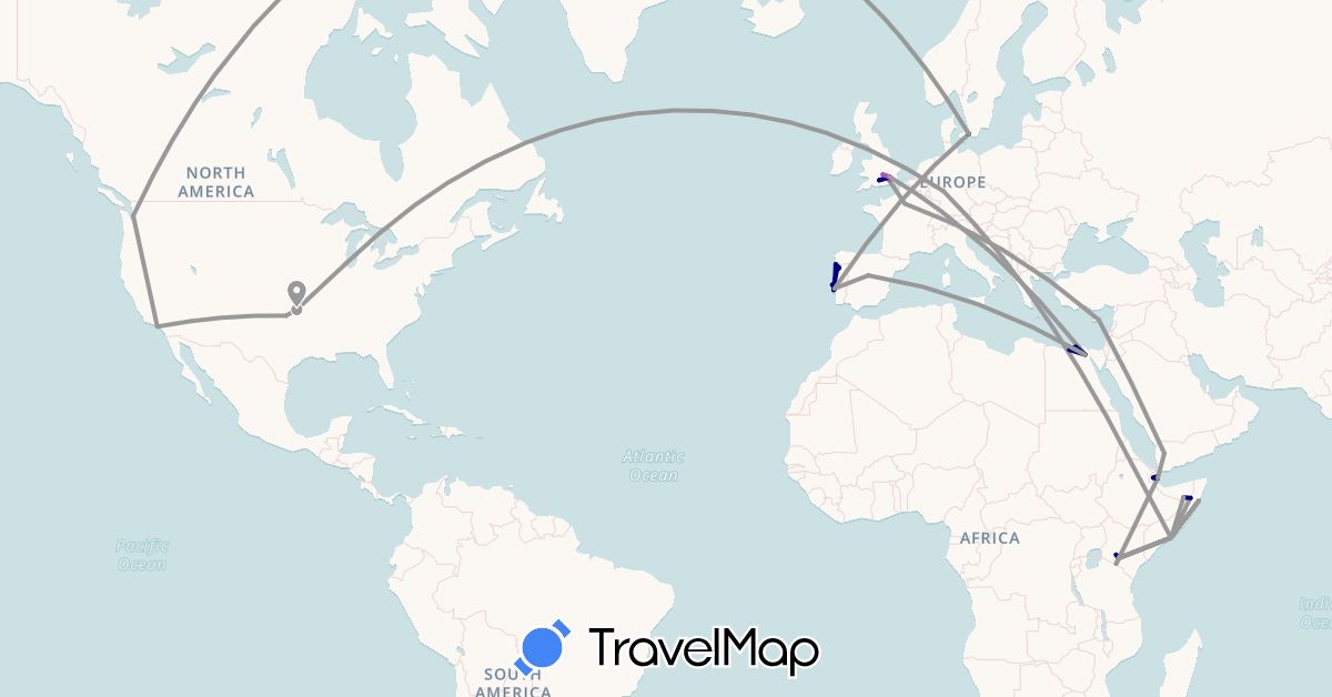 TravelMap itinerary: driving, plane, train in Cyprus, Germany, Djibouti, Denmark, Egypt, Spain, France, United Kingdom, Kenya, Portugal, Somalia, United States, Yemen (Africa, Asia, Europe, North America)