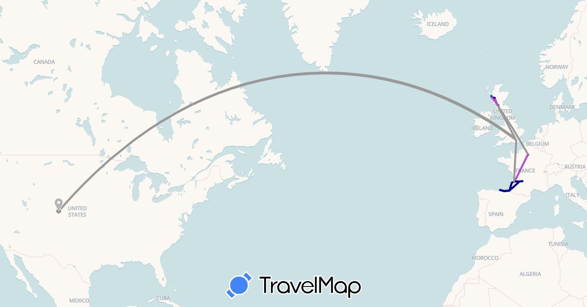 TravelMap itinerary: driving, plane, train, boat in Spain, France, United Kingdom, United States (Europe, North America)