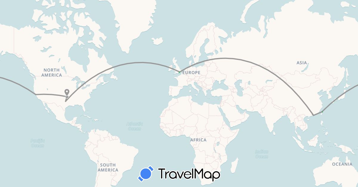 TravelMap itinerary: driving, bus, plane in China, United Kingdom, Taiwan, United States (Asia, Europe, North America)
