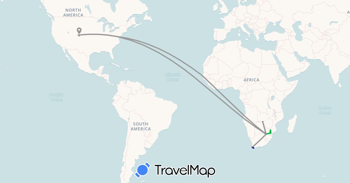 TravelMap itinerary: driving, bus, plane in Senegal, United States, South Africa, Zimbabwe (Africa, North America)