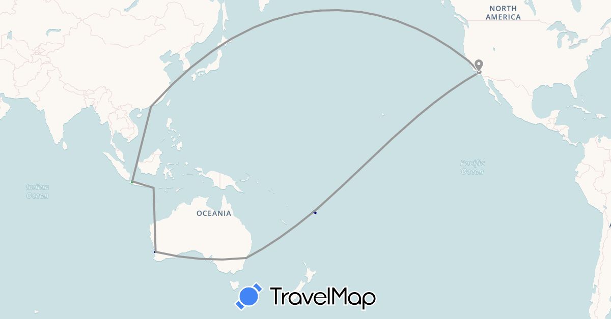 TravelMap itinerary: driving, bus, plane in Australia, China, Fiji, Indonesia, United States (Asia, North America, Oceania)
